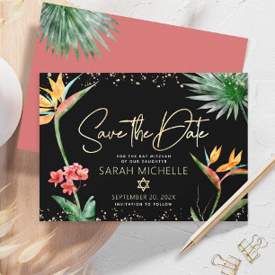 Schwarzes Gold Tropicale Bat Mitzvah Florale Palme Save The Date