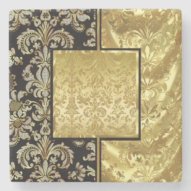 Schwarzes Gold und Glitter Blumenrahmen Steinuntersetzer (Vorderseite)