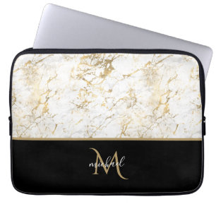 Schwarzes Gold- und Marmor-Monogramm Elegante Luxu Laptopschutzhülle