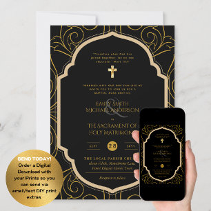 Schwarzes Gold Verzierte katholische Hochzeit der Einladung