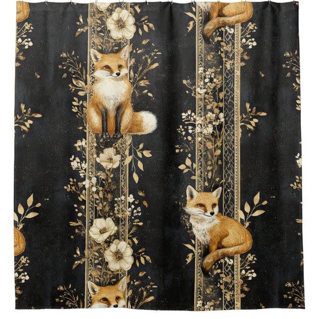 Schwarzes Gold viktorianisches Fuchs-Botanikmuster Duschvorhang (Vorderseite)
