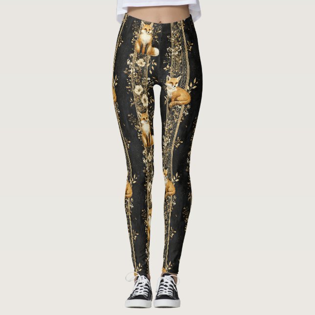 Schwarzes Gold viktorianisches Fuchs-Botanikmuster Leggings (Vorderseite)