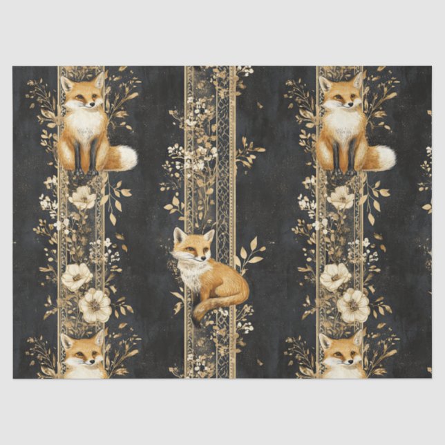 Schwarzes Gold viktorianisches Fuchs-Botanikmuster Seidenpapier (Vorderseite)