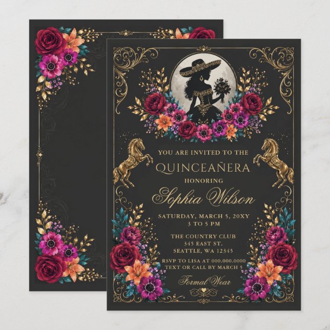 Schwarzes Gold Western Pferd Floral Charra Quincea Einladung (Vorne/Hinten)