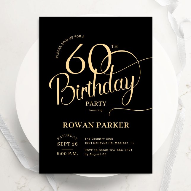 Schwarzes Gold zum 60. Geburtstag Elegantes Skript Einladung (Von Creator hochgeladen)