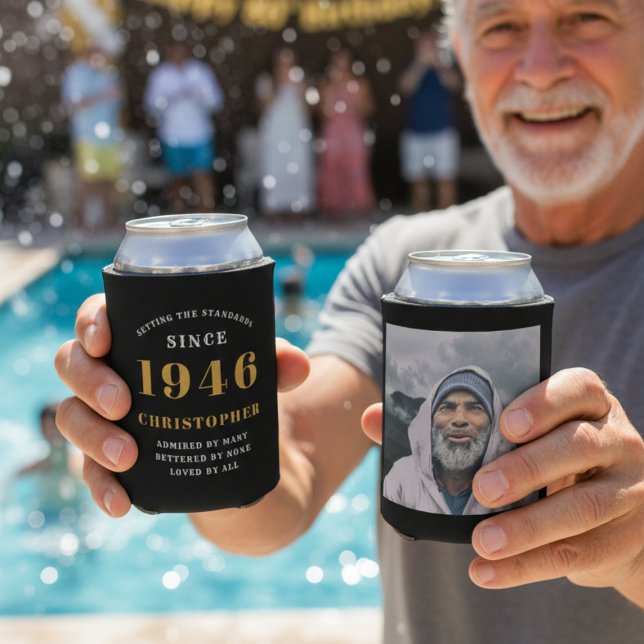Schwarzes Gold zum 80. Geburtstag mit Foto Dosenkühler (1946 can coolers with pool background.)