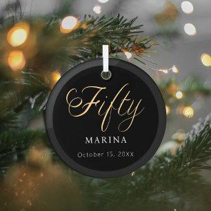 Schwarzes goldenes Drehbuch Name 50. Geburtstag Ornament Aus Glas