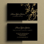 Schwarzes goldenes Luxus elegantes botanisches Bla Visitenkarte<br><div class="desc">Goldschwarze,  elegante Visitenkarte mit botanischem Blattwerk und Vintag aussehender Kalligraphie-Schrift.             Geeignet für persönliche Branding-Spezialisten,  Zuhause- und Modedesigner,  Künstler,  Maler,  Boutiquen,  Kreative,  Markendesigner,  Möbel- und Antiquitätenhändler,  Hochzeitsplaner,  Salonmanager,  Makeup-Künstler,  Kosmetiker,  Ästhetiker,  Hautpflegespezialisten oder Kosmetologen.          Einfach mit Ihren Daten personalisieren!</div>