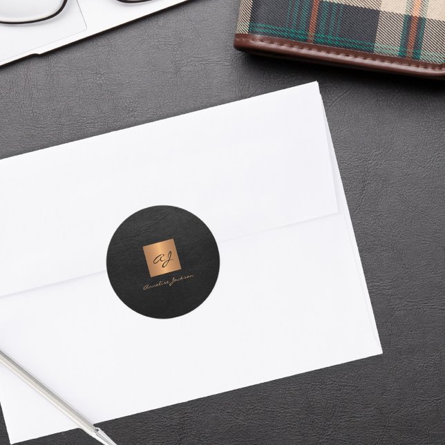 Schwarzes goldfarbenes, elegantes Drehbuch, Monogr Runder Aufkleber (Von Creator hochgeladen)