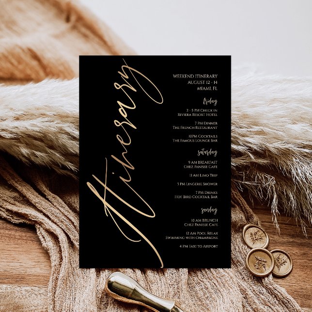 Schwarzes Goldfolien-Geburtstags-Wochenend-Program Einladung (Black Gold Foil Birthday Weekend Itinerary Invitation)