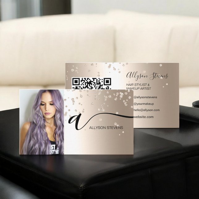 Schwarzes Goldhaar Make-up Foto erster QR-Code Visitenkarte (Black gold hair makeup photo initial qr code business card)
