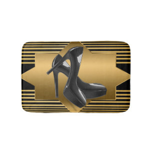 Schwarzes Goldmonogramm-Muster u. hoher Heels Badematte