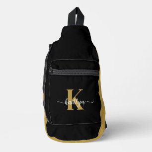 Schwarzes Goldschrift-Monogramm Crossbody Bag