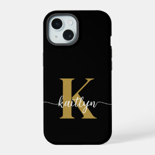 Schwarzes Goldschrift-Monogramm iPhone 15 Hülle