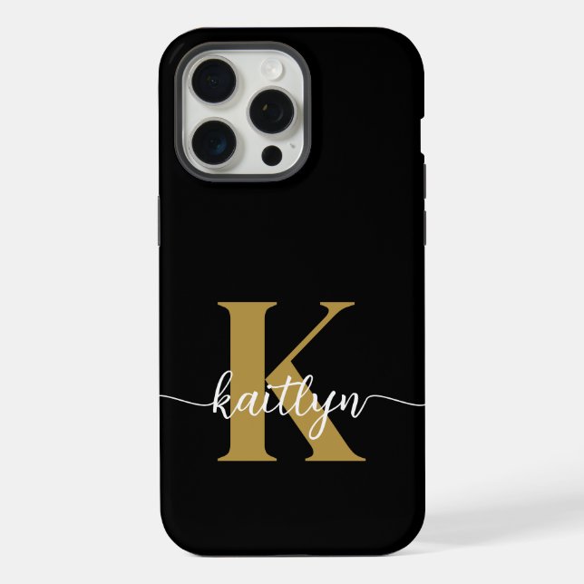 Schwarzes Goldschrift-Monogramm iPhone Hülle (Rückseite)