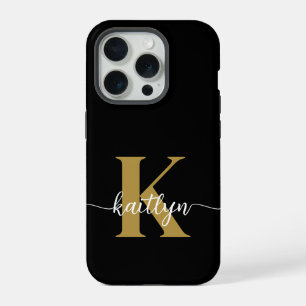 Schwarzes Goldschrift-Monogramm iPhone 15 Pro Hülle