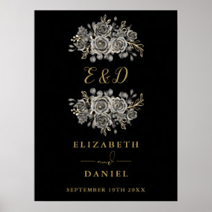 Schwarzes gothisches florales Monogramm-Hochzeitss Poster