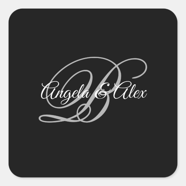 Schwarzes Grau und Weiß Fancy-Schrift-Monogramm Quadratischer Aufkleber (Vorderseite)