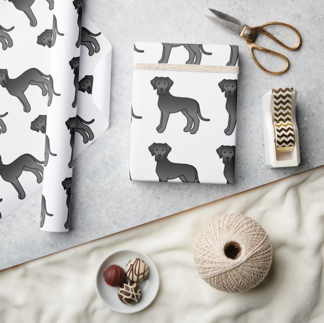 Schwarzes Great Dane Niedlich Cartoon Dog Muster Geschenkpapier (Kunsthandwerk)