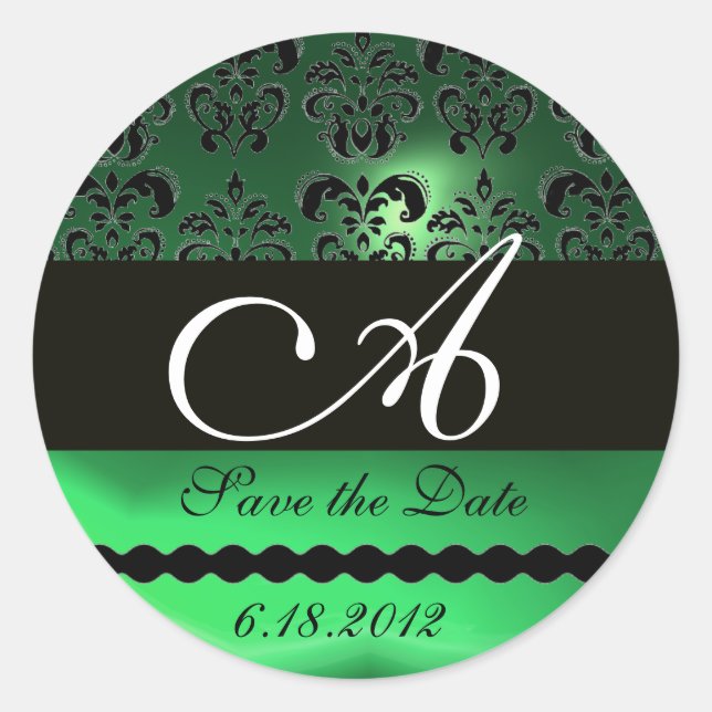 SCHWARZES GREEN JADE DAMASK-MONOGRAMM Save the Dat Runder Aufkleber (Vorderseite)