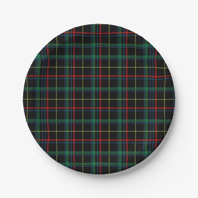 Schwarzes, grünes und rotes Tartan-Muster Pappteller (Vorderseite)