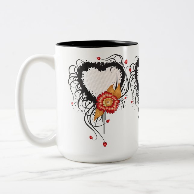 Schwarzes Grunge Herz Sonnenblume Zweifarbige Tasse (Links)