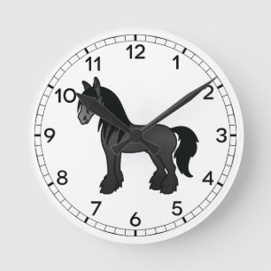 Schwarzes Gypsy Vanner Clydesdale Shire Cartoonpfe Runde Wanduhr