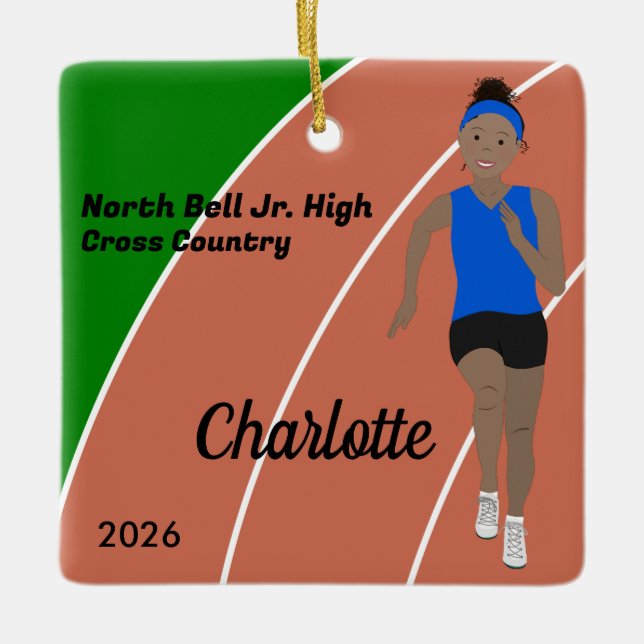 Schwarzes Haar für Track und Field Girl in Blau Keramikornament (Vorderseite)