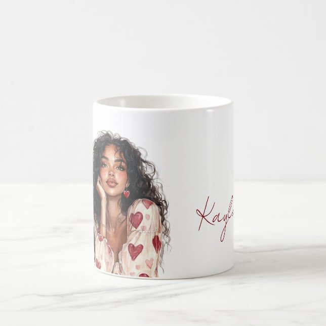 Schwarzes Haar Mädchen Rote Herzen Bluse Kaffeetasse (Mittel)