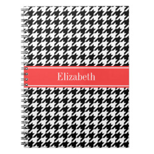 Schwarzes Hahnentrittmuster Korallenroter Name Mon Notizblock