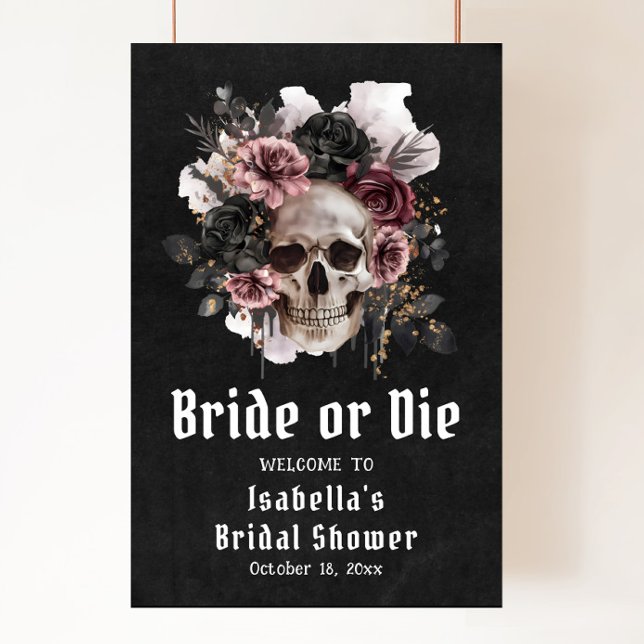 Schwarzes Halloween-Brautparty Begrüßung Poster (Black Halloween Floral Skull Bridal Shower Welcome Poster)