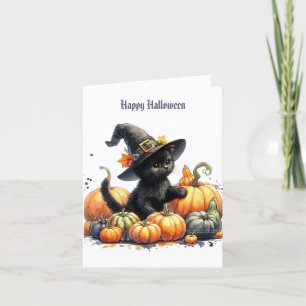 Schwarzes Halloween Kätzchen mit Kürbiskuits & Hex Feiertagskarte