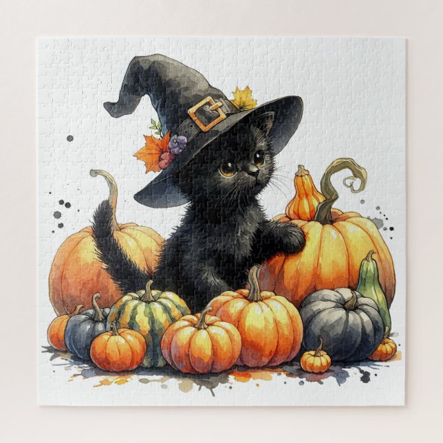 Schwarzes Halloween Kätzchen mit Kürbiskuits & Hex Puzzle (Vertikal)