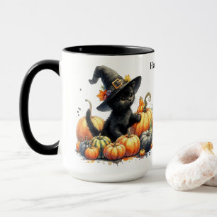 Schwarzes Halloween Kätzchen mit Kürbiskuits & Hex Tasse