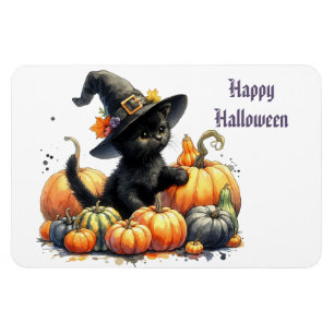 Schwarzes Halloween-Kätzchen mit Kürbissen und Hex Magnet