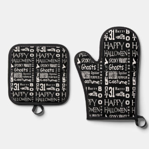 Schwarzes Halloween Ofenhandschuh & Topflappen-Set