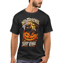 Schwarzes Halloween-T-Shirt mit Katze – Keine Tric