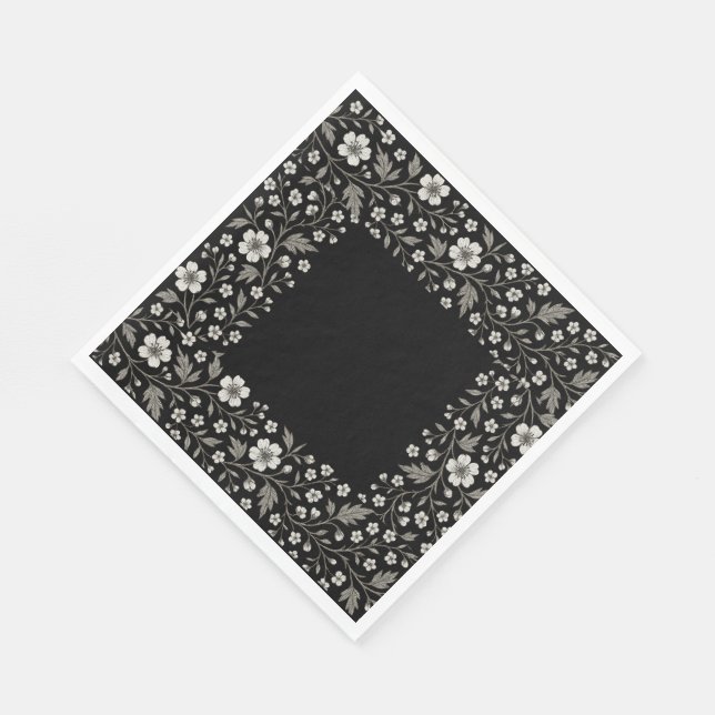 Schwarzes Hawthorn-Blumenmuster Serviette (Ecke)