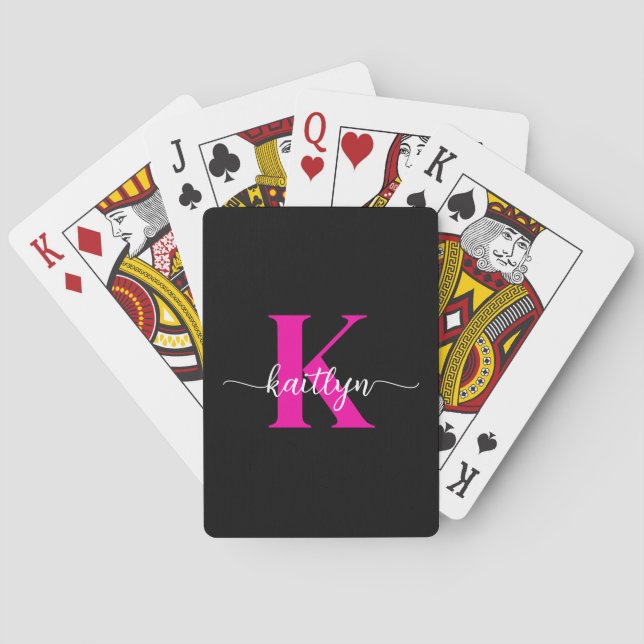 Schwarzes Heißrosa Monogramm Spielkarten (Rückseite)