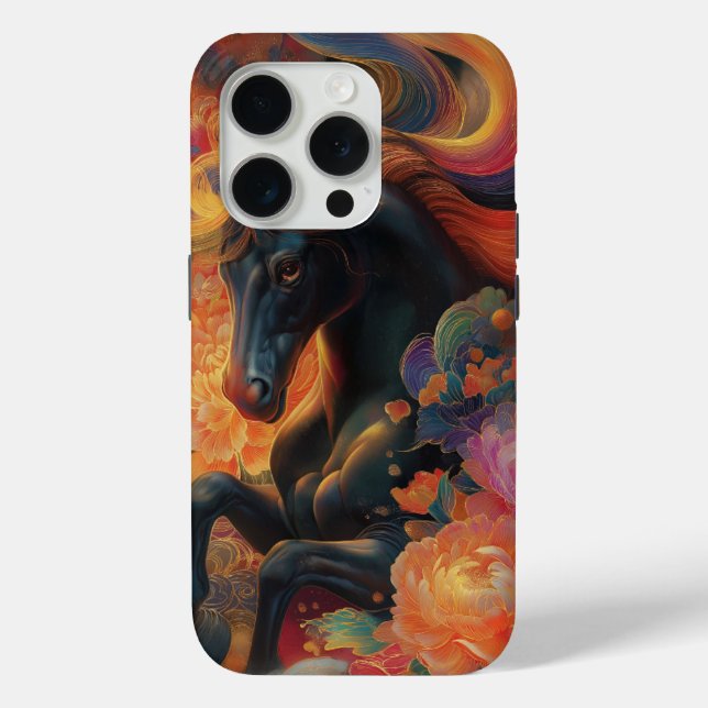 Schwarzes Hengst-Blumenkunst-Design Case-Mate iPhone Hülle (Rückseite)