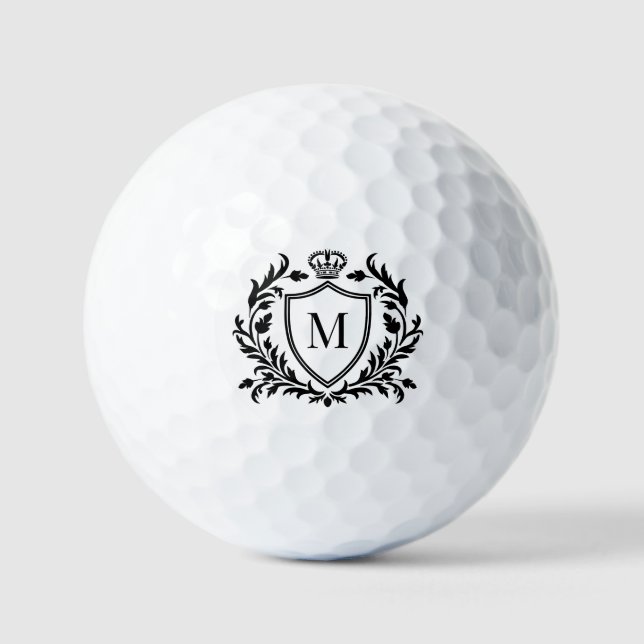 Schwarzes Heraldik-Wappen-Kronen-Monogramm Golfball (Vorderseite)