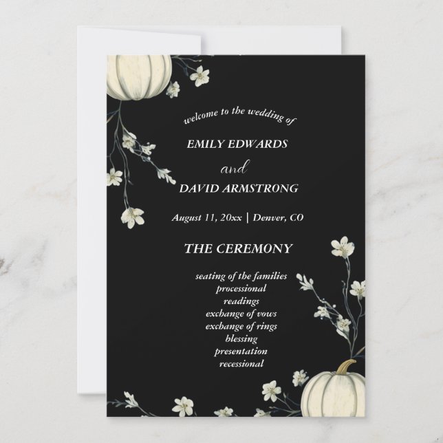 Schwarzes Herbst-Kürbis-Hochzeitsprogramm (Vorderseite)