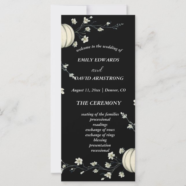 Schwarzes Herbst-Kürbis-Hochzeitsprogramm (Vorderseite)