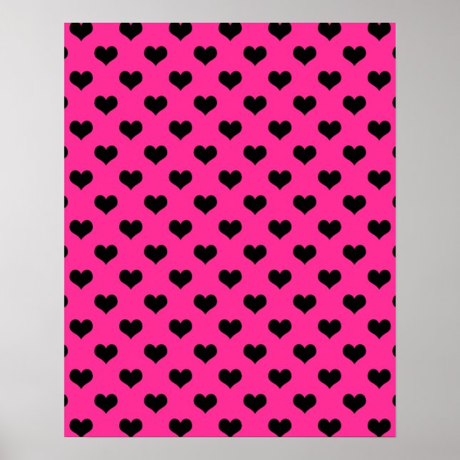 Schwarzes Herz Hot Pink Hintergrund Polka Dot Herz Poster (Vorne)