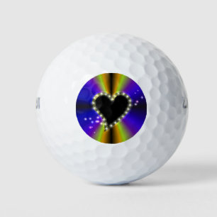 Schwarzes Herz mit Sternen auf lila gelben Regenbo Golfball