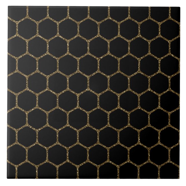 Schwarzes Hexagon-Muster im GoldGlitzer-Rahmen Fliese (Vorderseite)