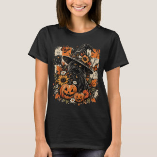 Schwarzes Hexenkatze-Halloween-Outfit Vintage-Kürb T-Shirt
