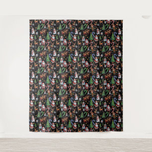 Schwarzes Hintergrund-Weihnachtsdekorationsmuster Wandteppich