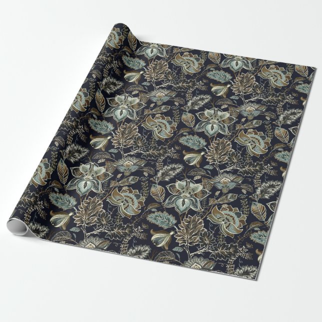 Schwarzes Hintergrundmuster antiker Paisley-Blumen Geschenkpapier (Ungerollt)