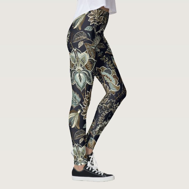 Schwarzes Hintergrundmuster antiker Paisley-Blumen Leggings (Rechts)
